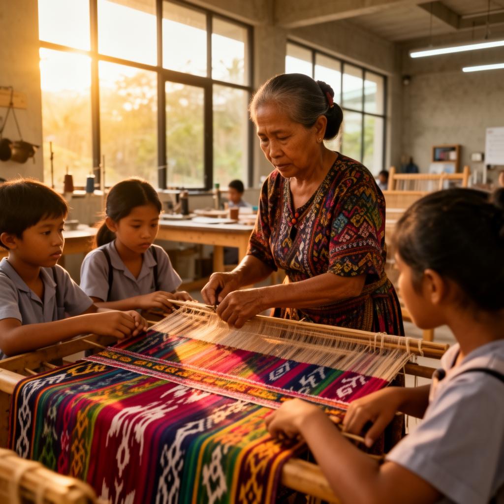 Elder teaching traditional ikat weaving to academy students