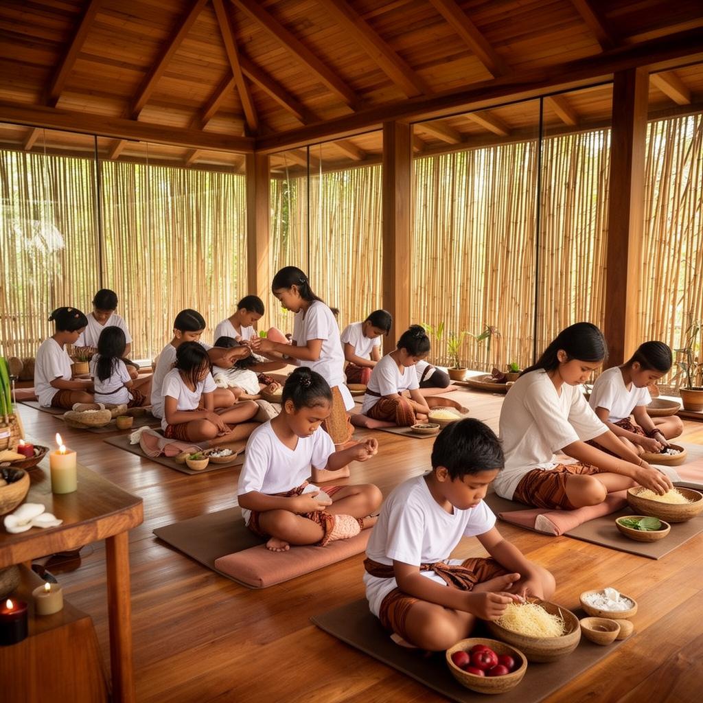 Students practicing wellness facilitation in an open-air bamboo studio