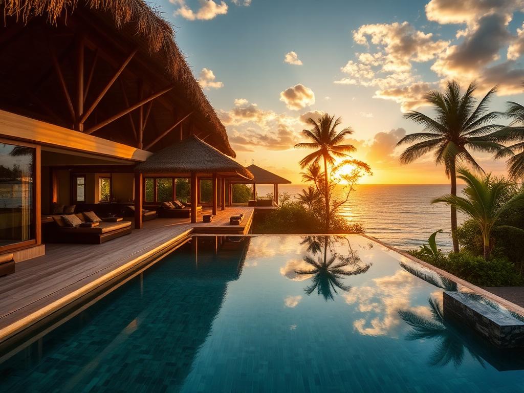 Luxury eco resort in Sumba with infinity pool at sunset