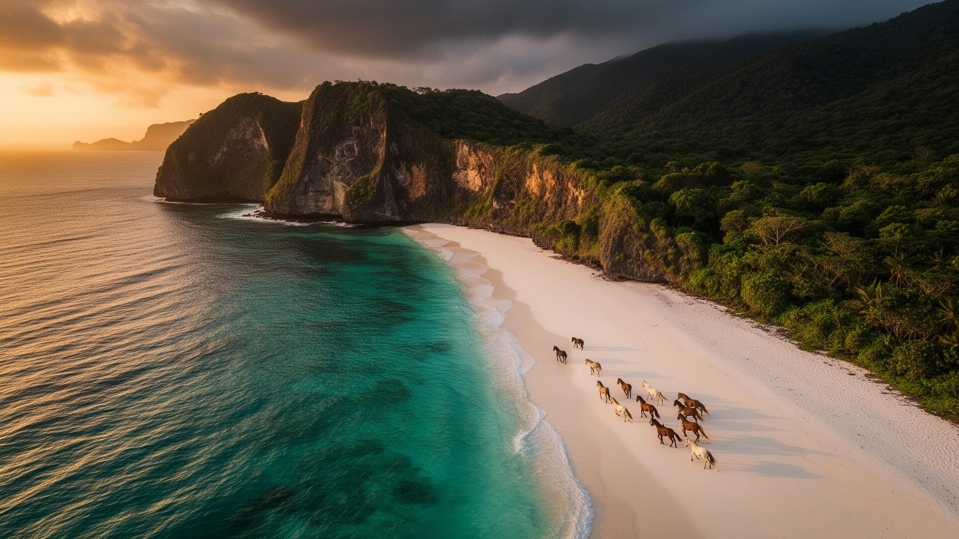Sumba Island aerial view with wild horses on beach