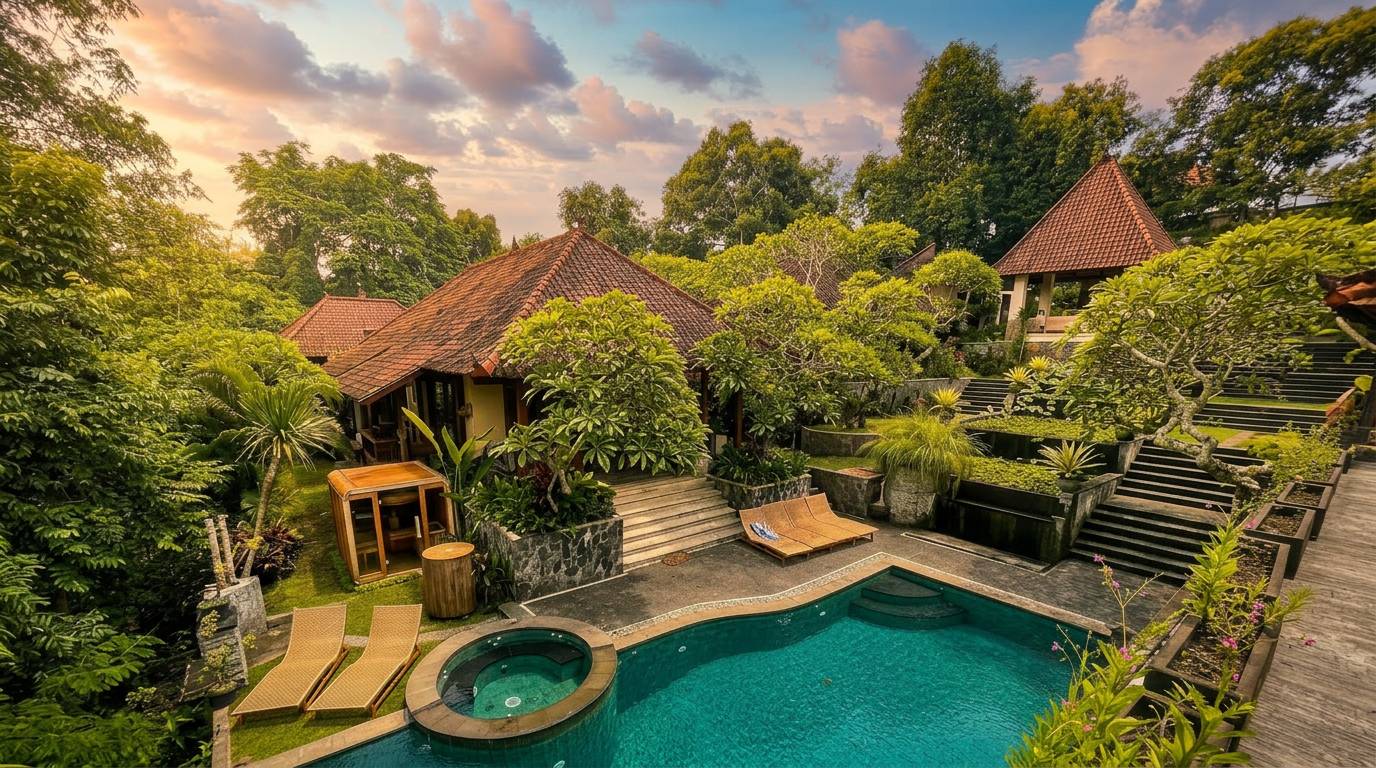 RenewBali pool at sunset