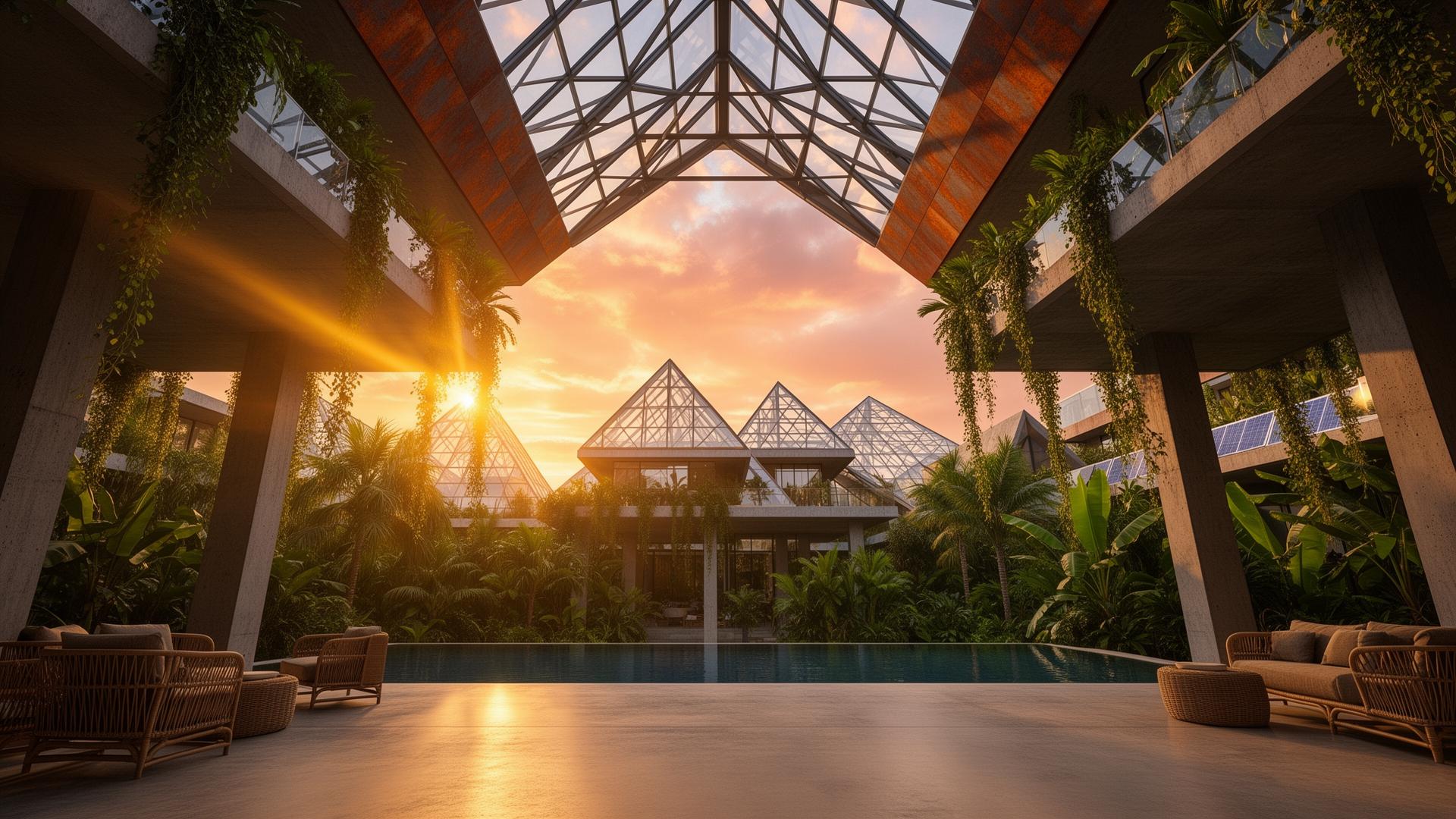 Ground-level view through glass pyramid structures at sunset in the City of Muse