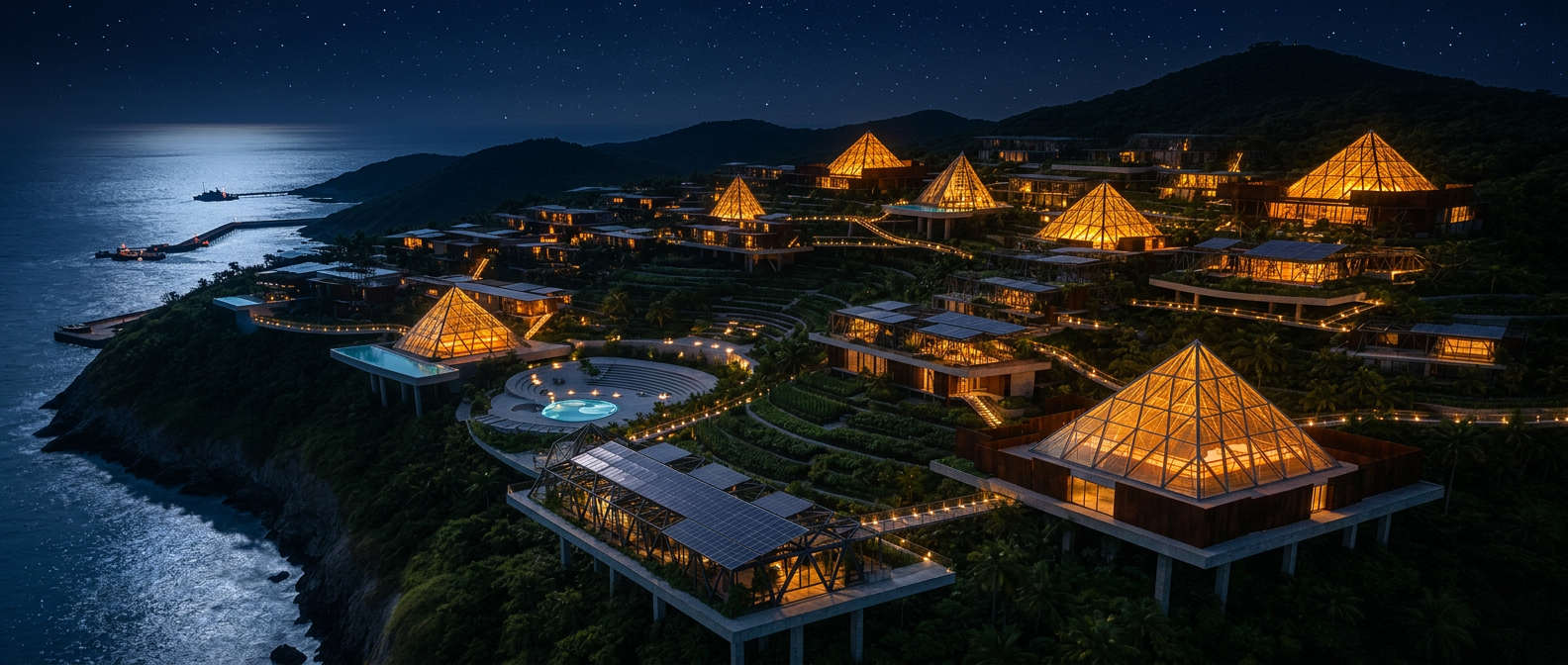 The City of Muse at night — glass pyramids glowing with warm amber light under a starry sky