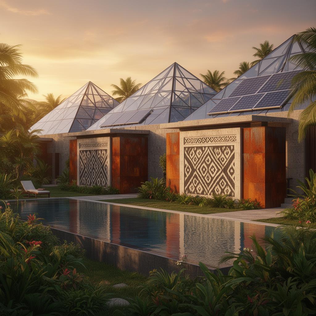 Modern Sumba wellness retreat with glass pyramid roofs and solar integration