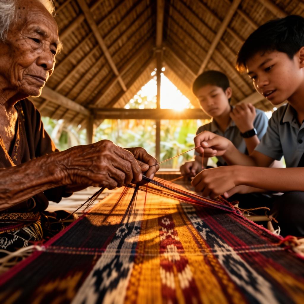 Sumbanese elder teaching ikat weaving to younger generation